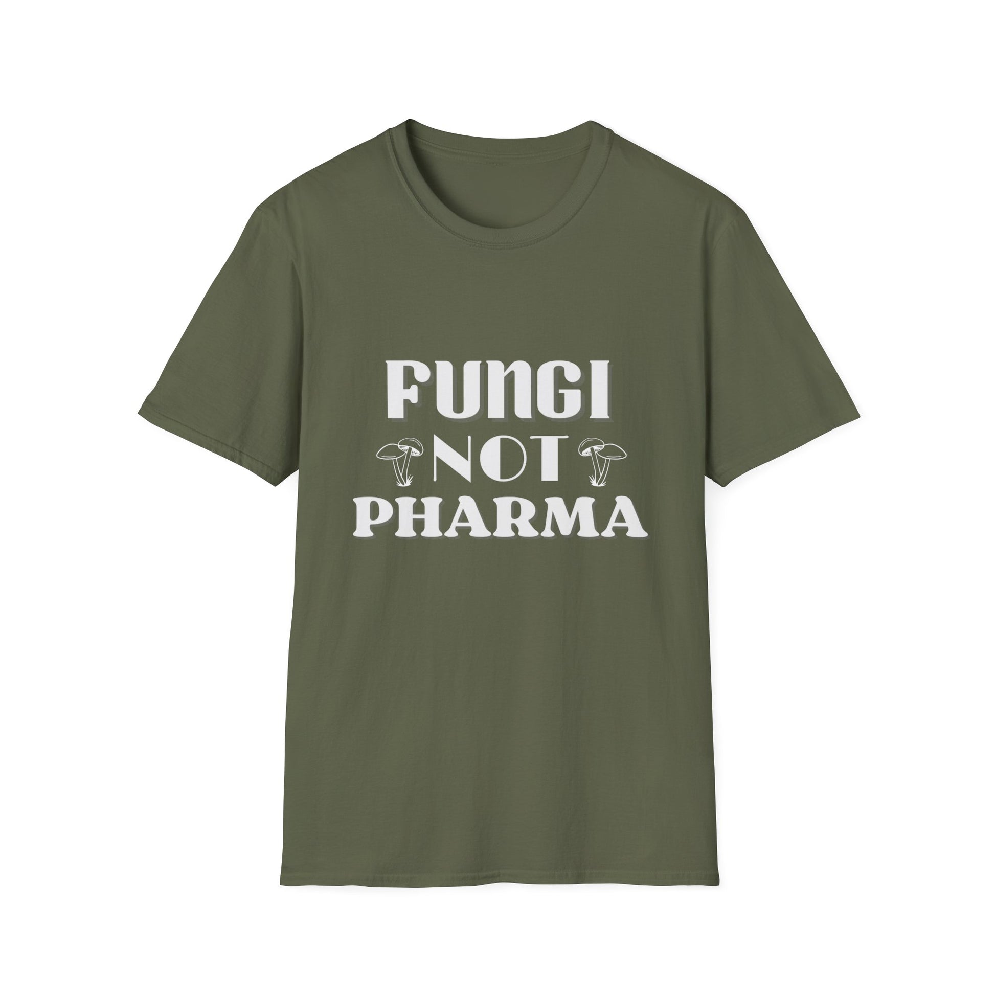 Fungi Not Pharma Unisex Softstyle T-Shirt, Funny Gift, Eco-Friendly Tee, Mushroom Lover Shirt, Alternative Medicine Apparel